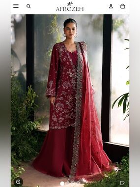 Afrozeh Women's Maroon Embroidered Formal Dress with Dupatta